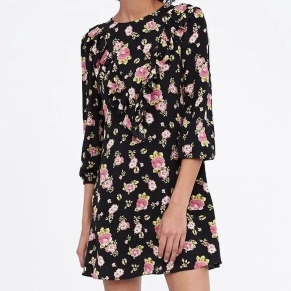 NWT ZARA The Sandy Dress Floral Mini Ruffled Black Pink Size Small